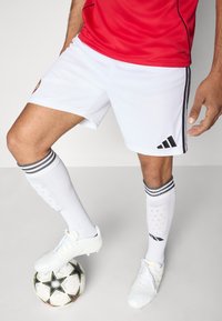 Calções de futebol brancos com riscas pretas, camisola vermelha, meias brancas com detalhes pretos e Chuteiras brancas, posicionadas sobre uma bola de futebol preta com padrão.