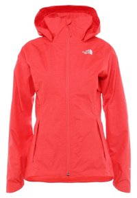 Veste légère de couleur corail rouge avec une texture lisse, capuche réglable, fermeture éclair frontale et détail de logo. Comprend des manches longues et une coupe ajustée.