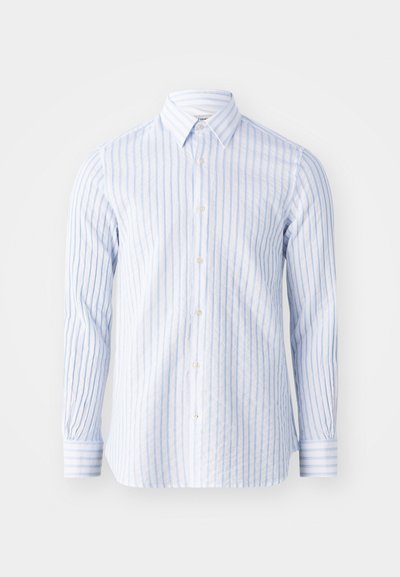 Chemise à rayures bleu clair et blanche, dotée d'un col et de manches longues avec des poignets à boutons. Tissu en coton léger.