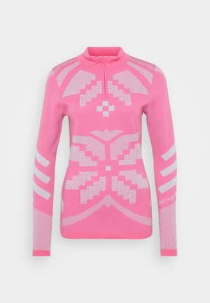 Fitted pink sweater with a quarter zip. Features geometric white patterns, long sleeves, and ribbed accents along the cuffs and hem.