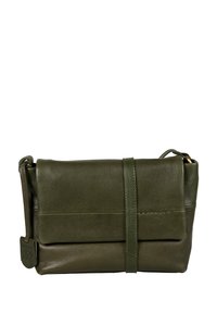 Borsa a tracolla in pelle verde scuro con superficie testurizzata, dotata di pattina arrotolata, cinturino centrale e dettaglio del logo laterale.