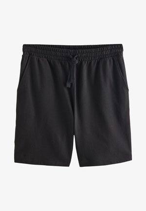Pantaloni corti neri in tessuto morbido, con vita elastica e coulisse, e due tasche laterali. Tessuto liscio senza fantasie.