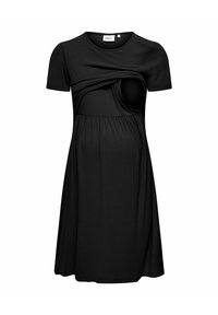 Robe de maternité noire à manches courtes avec texture côtelée et rabat d’allaitement discret sur la poitrine pour un accès facile à l’allaitement.