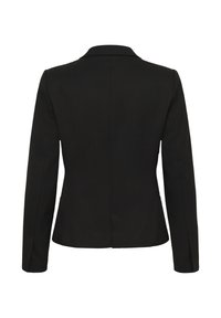 Fekete, testre szabott blézer klasszikus, bemetszett gallérral, hosszú ujjakkal és letisztult vonalú, struktúrált hátrésszel, látható fémszerelvények nélkül.