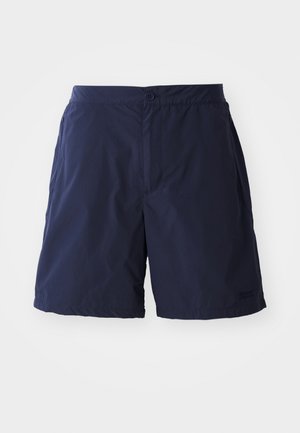 Shorts de bain bleu marine en matériau léger et à séchage rapide. Dotés d'une fermeture à bouton et de poches latérales sans motifs visibles.