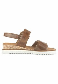 Sandale compensée en cuir marron avec deux larges brides, semelle intermédiaire en liège et semelle en caoutchouc blanche avec un motif en zigzag.