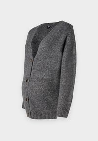 Myk grå strikket cardigan med lange ermer, V-hals og tre brune knapper foran, utstilt mot en hvit bakgrunn.