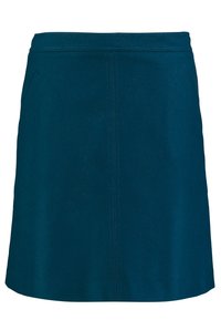Gonna teal, con lunghezza al ginocchio e taglio dritto, realizzata in tessuto morbido. Presenta tasche frontali e cuciture visibili lungo le cuciture.