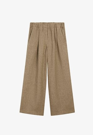 Pantaloni a gamba larga in tessuto marrone chiaro con finitura testurizzata, dotati di una vita elasticizzata e tasche laterali.