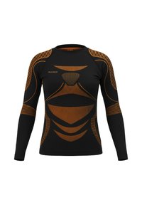 Black long-sleeve activewear top with orange geometric patterns and textured accents. Features a round neck and fitted design for performance.