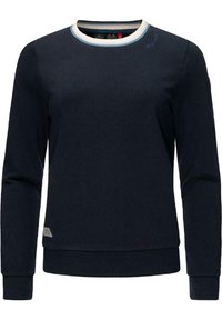 Tmavě modrý dlouhý rukáv sweatshirt s žebrovanými manžetami, vrstveným lemem a krémovým výstřihem s bílými a světle modrými pruhy.