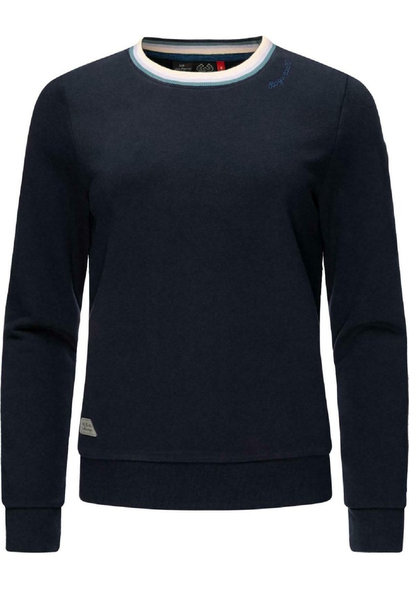 Tmavě modrý dlouhý rukáv sweatshirt s žebrovanými manžetami, vrstveným lemem a krémovým výstřihem s bílými a světle modrými pruhy.