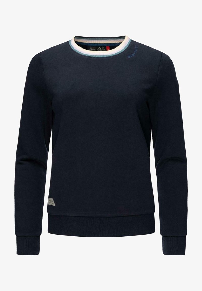 Tmavě modrý dlouhý rukáv sweatshirt s žebrovanými manžetami, vrstveným lemem a krémovým výstřihem s bílými a světle modrými pruhy.