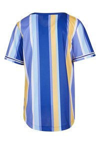 Trumpas rankovėmis tilptas viršus su kaitaliojančiomis mėlynomis, geltonomis ir šviesiai mėlynomis vertikaliomis juostelėmis. Apvalus iškirpimas, lygus paviršius ir be papildomų puošmenų.