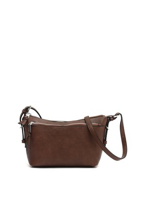 Brown leather crossbody bag with front zipper pocket and adjustable strap, set against a plain white background.