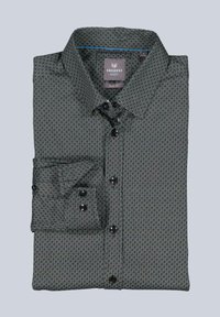 Dunkel gemustertes Hemd aus Baumwollmix; hat einen Kragen, Knopfleiste und eine Einzelmanschette mit kontrastierenden Knöpfen. Slim-Fit-Design.