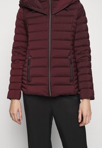 Doudoune bordeaux avec un design matelassé horizontal, fermeture éclair à l'avant et poches latérales. Comprend une capuche avec cordons de serrage réglables.