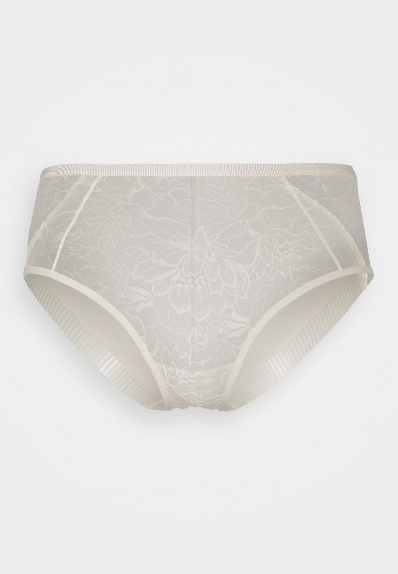 Culotte en dentelle beige clair avec motif floral, taille élastique et panneaux latéraux côtelés pour un meilleur confort et une structure renforcée.