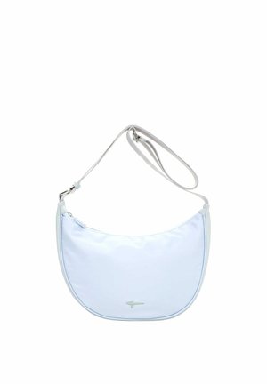 Hele sinine poolkuukujuline õlakott reguleeritava rihma ja väikese hõbedase klambriga valgel taustal.