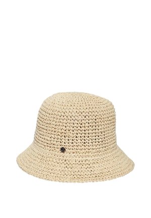 Beige woven straw bucket hat with a wide, downward-sloping brim and a small round black decorative pin on the side.