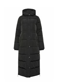 Lang sort polstret vinterfrakke med hætte, tryknaplukning foran, sidelommer og kviltet vandret syninger.