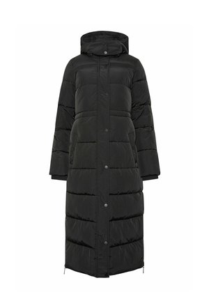 Langer, schwarzer gefütterter Wintermantel mit Kapuze, Druckknopfverschluss, seitlichen Taschen und gestepptem, horizontalem Muster.