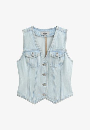 Light blue denim vest with a V-neck, five button front closure, two chest pockets, and vertical seam detailing. Smooth texture. No sleeves.