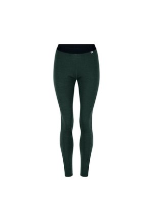 Leggings verdi con una texture liscia, vita alta elastica e design aderente. Non sono presenti motivi o dettagli visibili.