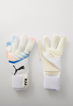 White goalkeeper gloves with texturing. Features blue and pink gradient accents, a black Puma logo, and elastic wrist straps.