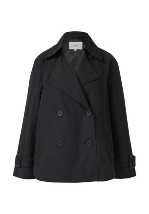 Schwarzer, kurz geschnittener, doppelt geknöpfter Trenchcoat mit weitem Kragen, geknöpften Manschetten, Fronttaschen und Gürtel-Detail an den Ärmeln.
