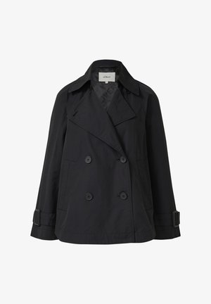 Zwart dubbelgeknoopte korte trenchcoat met brede kraag, geribbelde manchetten met knopen, voorzakken en ceintuurdetaillering op de mouwen.