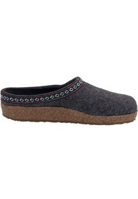 Gray felt slip-on clog with patterned trim featuring blue and red colors, cork sole, and rounded toe design.