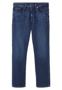 Jeans de mezclilla azul oscuro con corte recto, cinco bolsillos, un desvanecimiento sutil en los muslos y detalles de costura a lo largo de las costuras.
