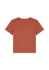 Rostfarbener Baumwoll-T-Shirt mit Rundhalsausschnitt, kurzen Ärmeln und einem schlichten Rücken. Einfaches Design, keine Verzierungen oder Muster.