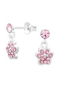 Orecchini in argento sterling con design a zampa, arricchiti da cristalli rosa. Il ciondolo principale pende da un perno, mostrando una finitura lucida e una texture dettagliata.