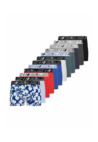 Pack mit Boxershorts von Jack & Jones, präsentiert in unterschiedlichen Farben und Mustern, darunter blauer Blumenprint, Streifen und einfarbige Töne. Material ist eine Baumwollmischung.