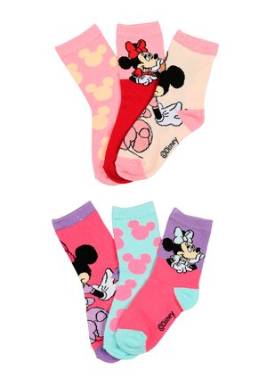 Sechs bunte Kindersocken mit Mustern und Gesichtern von Minnie und Mickey Mouse in Pink-, Rot-, Lila- und Türkistönen.