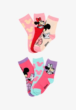 Six colorful children's socks featuring Minnie and Mickey Mouse patterns and faces in pink, red, purple, and turquoise tones.