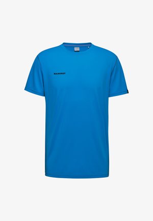 Herren Kurzarmhemd in leuchtendem Blau, aus feuchtigkeitstransportierendem Material. Mit einem schwarzen "MAMMUT"-Logo auf der Brust und nahtlosen Schultern.