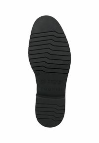 Soletta nera con motivo a zigzag, taglia 42 contrassegnata e marchio "bugatti" con coordinate incise vicino al tallone.
