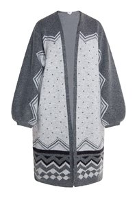 Cardigan grigio e grigio chiaro con un design a fantasia e una silhouette morbida, caratterizzato da motivi geometrici, scollatura a V e maniche lunghe.