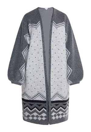 Grauer und hellgrauer gemusterter Cardigan mit einer lockeren Silhouette, der geometrische Designs, einen V-Ausschnitt und lange Ärmel aufweist.