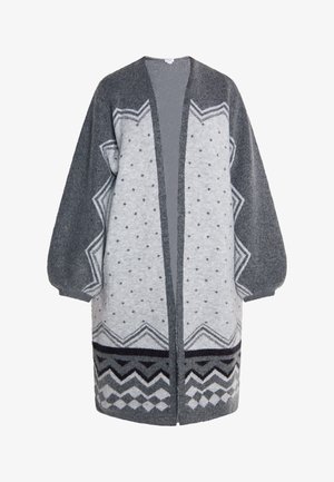 Šedý a svetlošedý cardigan s vzorom, vo voľnom strihu, s geometrickými dizajnmi, V výstrihom a dlhými rukávmi.