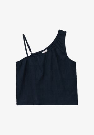 Dunkelmarineblaues, strukturiertes Crop-Top mit einem schmalen Schulterriemen und einer lockeren Passform. Mit gerafften Details entlang des Ausschnitts.