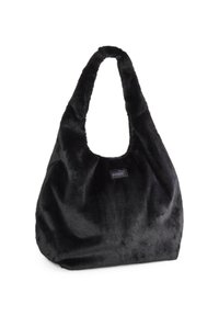 Black Puma handbag made of soft faux fur with a single wide shoulder strap and a small logo patch on the front.