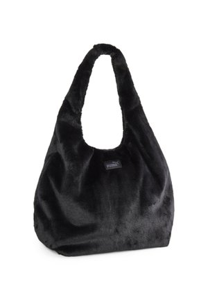 Sac à main Puma noir en fausse fourrure douce, avec une large bandoulière et une petite étiquette logo sur le devant.