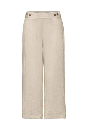 Pantaloni beige a gamba larga cropped con vita alta, dettaglio bottoni in vita.