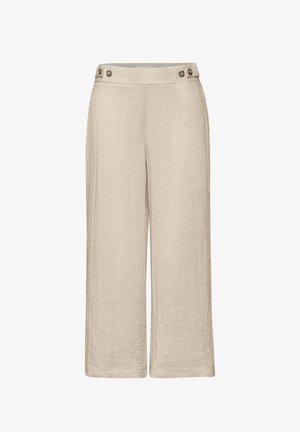 Pantaloni beige a gamba larga cropped con vita alta, dettaglio bottoni in vita.