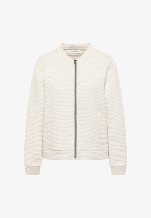 Cremefarbige Bomberjacke mit gerippter Struktur, ausgestattet mit Reißverschluss, zwei Seitentaschen und Bündchen aus weichem Strickmaterial.
