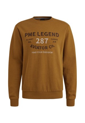 Senfgelbes Sweatshirt aus weichem Stoff. Mit Rundhalsausschnitt, langen Ärmeln und bedrucktem Text, einschließlich "PME LEGEND" und "FIND YOUR FREEDOM."
